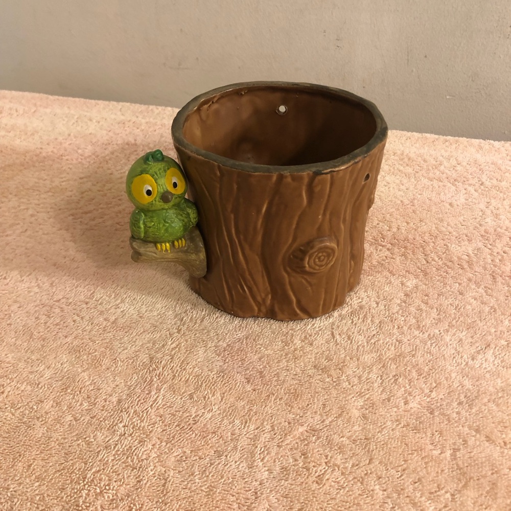 Vintage Tree Stump With Owl Ceramic Hanging Planter 5” Round Made in Japan